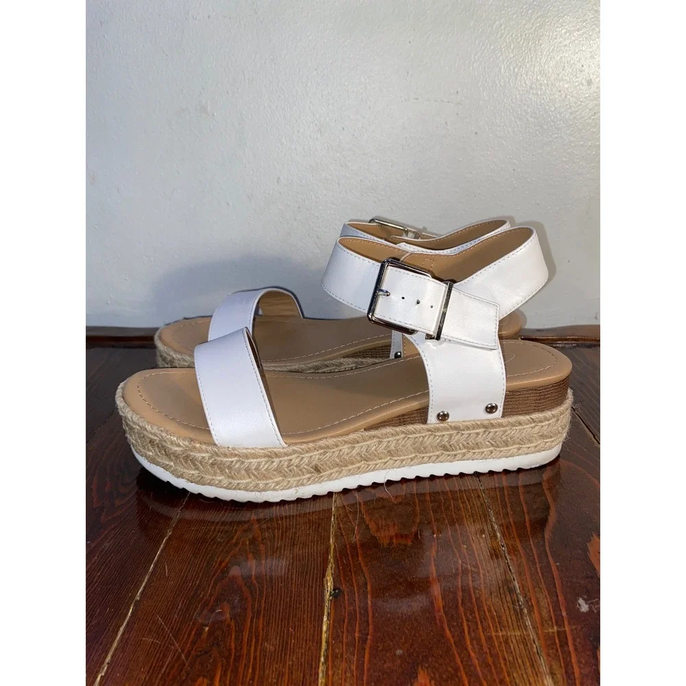 J. Adams White Platform Espadrille Sandals Wedge Buckle Coastal Boho Minimalist